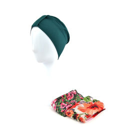 Turban z dwoma szarfami w zestawie klasyczny wzór butelkowa zieleń LAURA # BM13