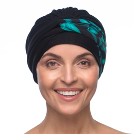 Turban dwustronny czarny z turkusowym wzorem LEAH # BM05/2233b