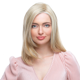 Synthetic medium brown topper with subtle highlights and a natural root RUE # 5/14/4R.