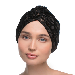 Elegancki marszczony turban z węzłem z przodu czarny w złoty wzór GALA